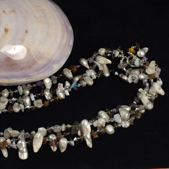 Multistrand Pearl Nugget Necklace Multistrand Pearl Necklace - Picture 3 of 14